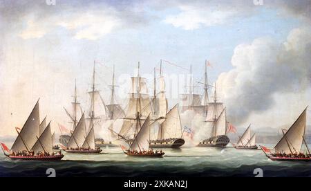 MAHRATTA PIRATES ATTACKING THE SLOOP 'AURORA' OF THE BOMBAY MARINE, 1812, END OF THE ACTION. Painting by Thomas Buttersworth (1768-1842) Stock Photo