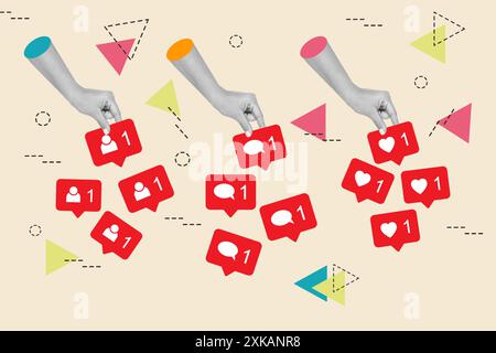 Woman hand holding social media icons on a background with geometrical shapes Stock Photo