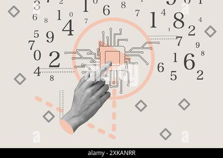 A hand touching a microchip on a background with numbers of different sizes Stock Photo
