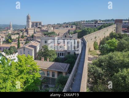 Girona, Spain - 18 July, 2024: Views of Girona Cathedral from the ancient City Walls Stock Photo