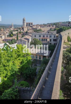 Girona, Spain - 18 July, 2024: Views of Girona Cathedral from the ancient City Walls Stock Photo