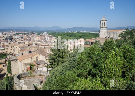 Girona, Spain - 18 July, 2024: Views of Girona Cathedral from the ancient City Walls Stock Photo