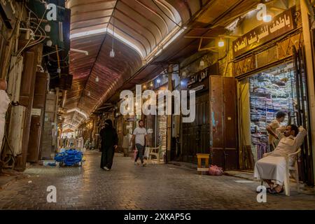 The indoor market (bazaar) in historic Jeddah (Al-Balad), with souvenir and cloth shops, in touristic part of UNESCO old town, Saudi Arabia. Stock Photo