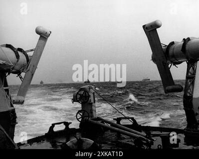 A minesweeper rides in a convoy. Otters (clearing otters), common minesweeping equipment, can be seen on both sides of the picture. Undated photograph. [automated translation] Stock Photo