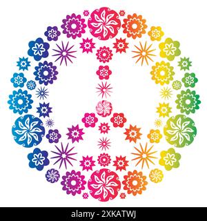 Peace and Love Symbol made of Flowers Rainbow Colors Stock Vector