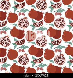 Seamless pattern with red ripe pomegranates with leaves on white background. Summer fruit print for textile, paper, packaging, fabric and design Stock Vector