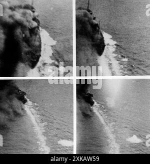 The British passenger ship Empress of Britain was attacked and severely damaged by a German Focke Wulf Fw 200 on October 28, 1940 northwest of the Aran Islands on the west coast of Ireland. The sequence of photos shows the attack with several 250kg bombs by the German long-range reconnaissance aircraft. [automated translation] Stock Photo