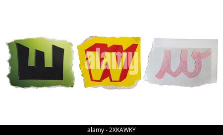 W alphabet torn from a magazine paper on white background with clipping path. Ransom note style letters. Stock Photo