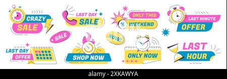 Last time offer badges, one day sales labels with alarm clock, calendar, stopwatch and hourglass icon. Hot price, big sale promo sticker set. Best discount, limited special promotion or closeout deals Stock Vector