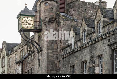 Edinburgh, Scotland - Jan 17, 2024 - Clock tower of the famous Canongate Tolbooth (The Tolbooth Tavern) is a historic landmark on Royal Mile in the Ol Stock Photo