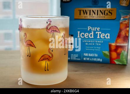 Close Up of a  Glass of Twinings Iced tea in front of the Package, 2024, USA Stock Photo