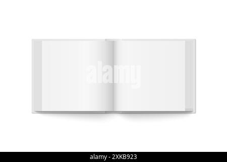 Vector mockup of hardcover square book spread with white cover isolated. Realistic book, brochure or booklet template opened on white background. 3d i Stock Vector