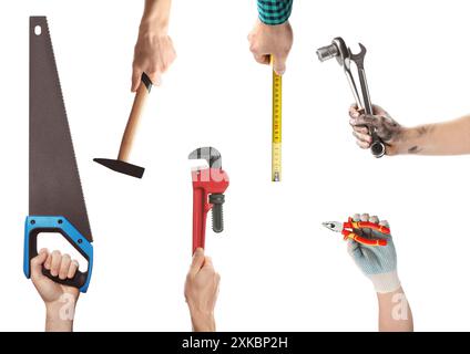 Different professions. Many various tools in people's hands isolated on white, closeup Stock Photo
