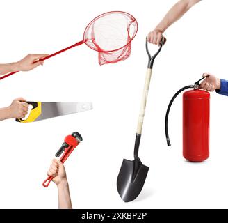 Different professions. Many various tools in people's hands isolated on white, closeup Stock Photo