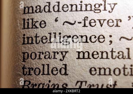 Word intelligence on dictionary page, macro close-up Stock Photo