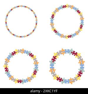 Puzzle piece circles. Colorful round frames. Interlocking jigsaw pattern. Vector illustration. Stock Vector