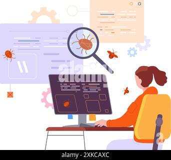 Bug tester. Woman programmer testing software system for error or virus, developer looking magnifier search it application bugs web test computer coding vector illustration Stock Vector