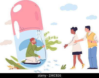 Drug abuse concept. Man drugs addiction family friends support help, narcotic medication toxicity opioid substance illness people addict psychological problem vector illustration Stock Vector