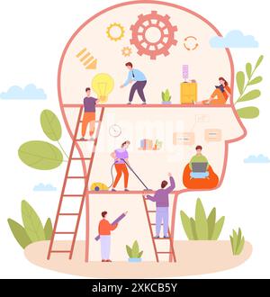 Personal self knowledge. Psychology development workshop, self growth skill mental mind improvement concept small people fulfillment idea order in abstract head vector illustration Stock Vector