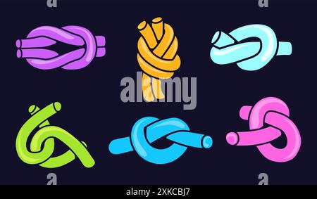 Doodle rope knots. Color strings curlers roller knot infinity connection loop, knotted cord together concept twist string nautical node braid cable trendy neat vector illustration Stock Vector