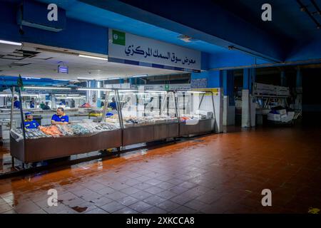 The seafood stalls at Jeddah fish market with fresh lobsters and fish, a gastronomy landmark, in Saudi Arabia. Stock Photo