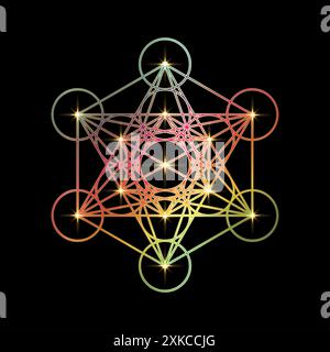 Psychedelic Metatron's Cube,  Flower of Life. Gold Sacred geometry. Mystic colorful icon platonic solids Merkabah,geometric drawing, crop circles Stock Vector