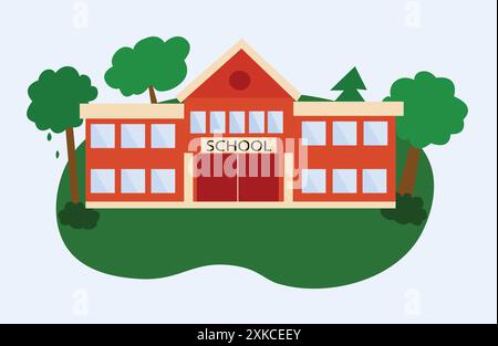 Illustration of a school building surrounded by trees with a green lawn in the background Stock Vector