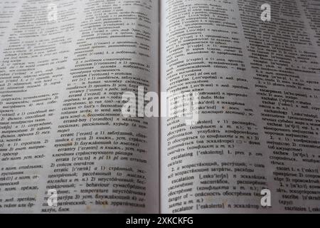 Close-up of the pages of an old English-Russian dictionary. Stock Photo