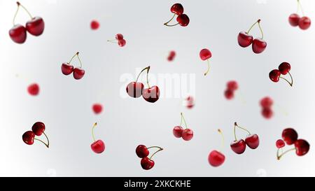 Red fresh cherries falling on a white background, fruit, and food concept Stock Photo