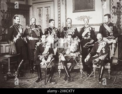 EUROPEAN ROYALTY 20 May 1910 gathered for the funeral of Edward VII. Standing from left: King Haakon VII of Norway, Tsar Ferdinand of Bulgaria, King Manuel of Portugal and the Algarves, King George of the Hellenes, King Albert of Belgium. Sitting from left: King Alfonso XIII of Spain, King George V of the United Kingdom, King Frederick of Denmark Stock Photo