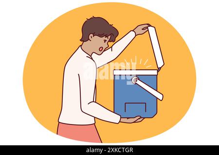 Surprised man opens portable refrigerator for ice cream or drink and is shocked to see contents. Young guy with portable refrigerator yells wow sees cool drinks for picnic or camping Stock Vector