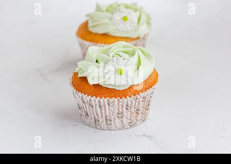 Vanilla Cupcake Close-Up Photo on White Background Stock Photo