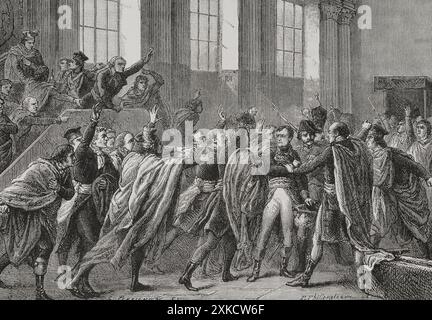 History of France. Coup d'état of 18 Brumaire (9 November 1799). It ended the Directory (1795-1798) to make way for the Consulate, with Napoleon Bonaparte (1769-1821) as leader. Napoleon on the 18th Brumaire in the Council of Five Hundred, the chamber of legislative power during the Directory. Drawing by Philippoteaux. Engraving by Perrichon. 'History of the French Revolution'. Volume I, 2nd part, 1879. Stock Photo