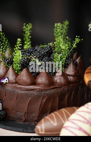 Easter chocolate cake. Beautifully decorated on the table with easter eggs. Stock Photo