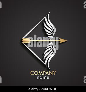 3d gold arrow with silver wings bow logo Stock Vector