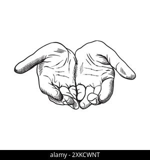 Human hand. Gesture of a praying person. Fingers. Hand drawn vector illustration in graphic style. For banners, posters, cards, labels, leaflets, info Stock Vector