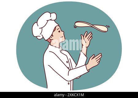 Man chef prepares pizza by tossing dough in open kitchen restaurant with traditional italian food. Guy in chef hat works in pizzeria and cook pizza according to classic old recipe. Stock Vector