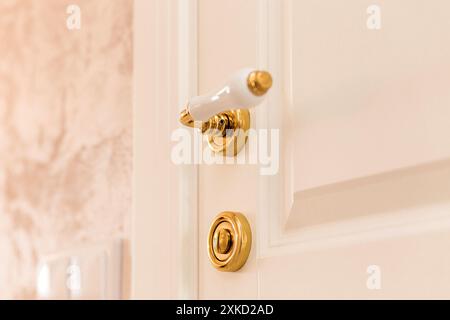 Close-up image of an elegant white and gold door handle on a white door. Stock Photo