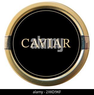 Closed tin can with black caviar on a white background. Top view. Gourmet seafood delicacy. Stock Photo