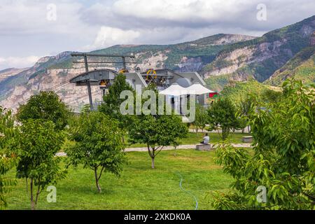 Tatec, Armenia - 03 September 2019: Upper station Tatev. Wings of Tatev cableway, the longest reversible aerial tramway. Stock Photo