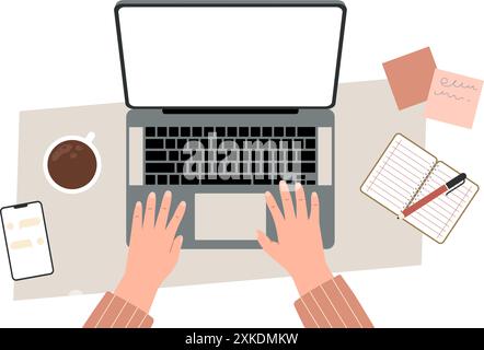 Working on laptop from home. Hands in pajama shirt work with computer. Freelancer job, student studying or user surfing internet, vector concept Stock Vector