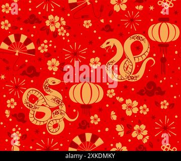 Luxury golden 2025 New Year Wrapping paper design. Chinese Zodiac snake seamless pattern. Christmas Wrapper. Stock Vector