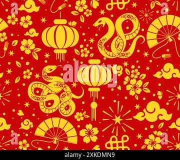 Luxury golden 2025 New Year Wrapping paper design. Chinese Zodiac snake seamless pattern. Christmas Wrapper. Stock Vector