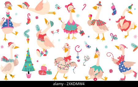 Christmas goose. New year geese wear winter holiday costumes and accessories. Cartoon birds in santa claus and elf hats, nowaday vector clipart Stock Vector