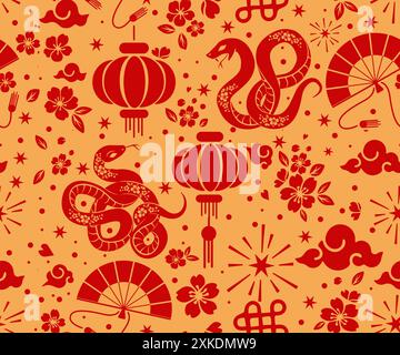 Seamless pattern happy chinese new year 2025 the snake zodiac sign with asian elements paper cut style on color background. ( Translation : happy new Stock Vector