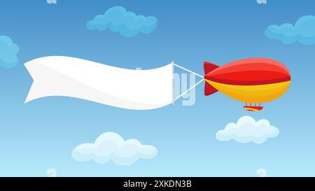 Dirigible in sky. Old style airship flying with empty ribbon. Message between clouds, advertising or romantic. Zeppelin travel, neoteric vector Stock Vector