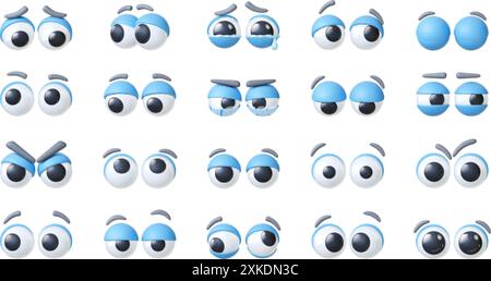 Cartoon 3d eyes. Funny comic eyeballs different emotions. Cry happy surprised angry sad feelings. Unisex eye expressions, pithy vector collection Stock Vector