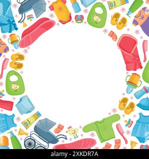 new born items. tools for baby diapers bottles nipples stroller socks Stock Vector