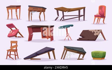 Broken chairs. Old damaged furniture sofas chairs tables wardrobe cupboards exact vector cartoon template Stock Vector