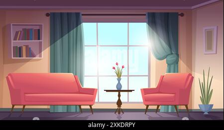 Living room. Cozy interior with armchairs and sofas exact vector cartoon background with couches pictures Stock Vector